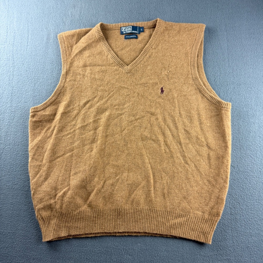 Vintage Polo Ralph Lauren Vest Men's L Brown 100% Lambswool V Neck Pony Preppy